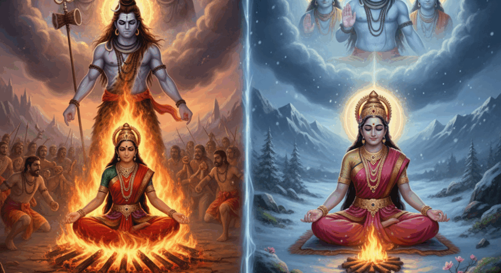 सती-दाह और पार्वती के पुनर्जन्म की कथा भक्तिभाव, तपस्या और त्रिदेव संतुलन