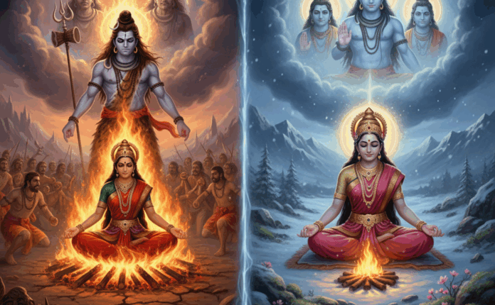 सती-दाह और पार्वती के पुनर्जन्म की कथा भक्तिभाव, तपस्या और त्रिदेव संतुलन