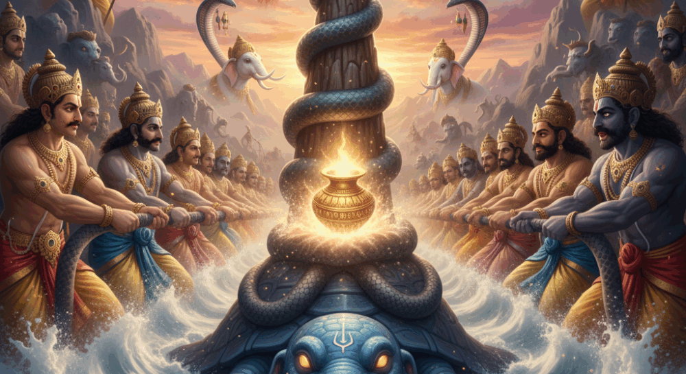 समुद्र मंथन की कथा देवासुर संघर्ष, अमृत-कलश और दिव्य रत्नों का उद्भव