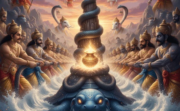 समुद्र मंथन की कथा देवासुर संघर्ष, अमृत-कलश और दिव्य रत्नों का उद्भव