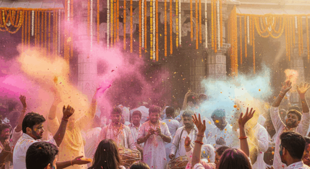 होली मंदिरों में फूलों-होली, भजन और सामुदायिक मेलजोल