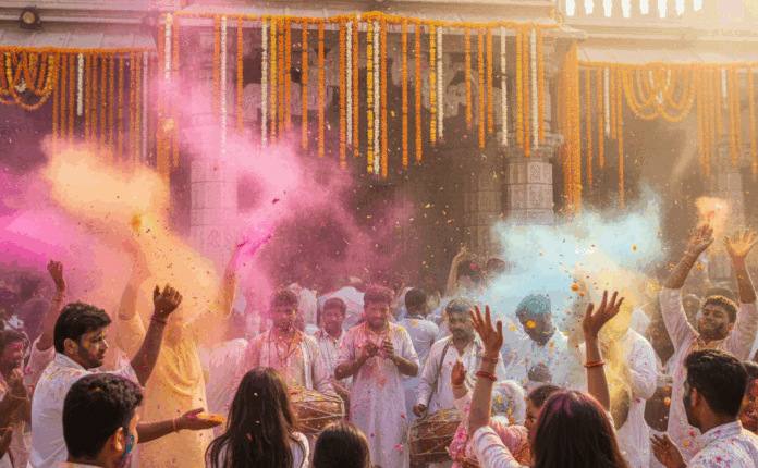 होली मंदिरों में फूलों-होली, भजन और सामुदायिक मेलजोल